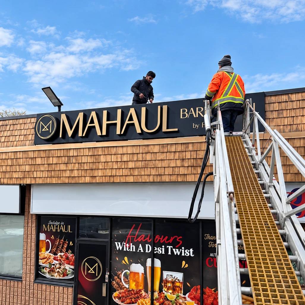 Madix crew installing the illuminated Mahaul Bar sign from a ladder truck, above full-colour window graphics